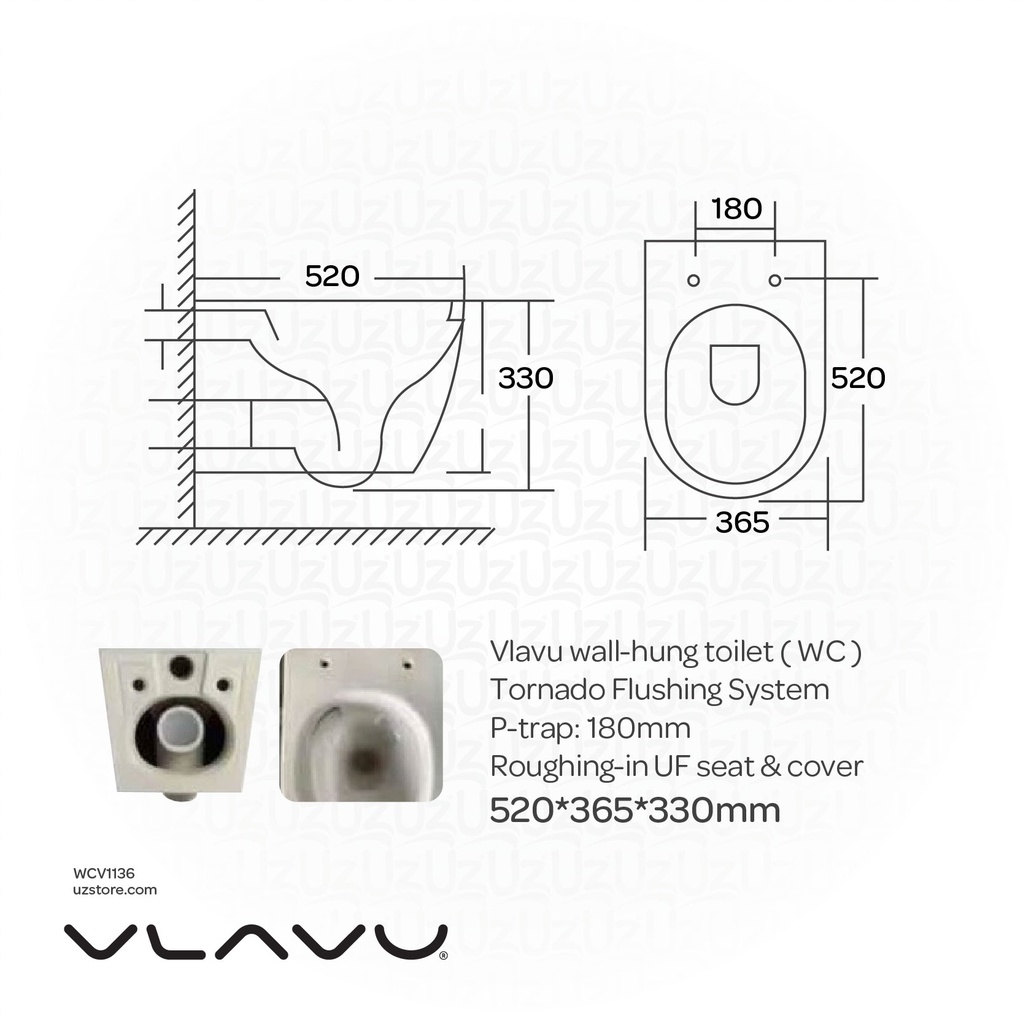 Vlavu wall-hung toilet ( WC ) Tornado Flushing System P-trap: 180mm roughing-in UF seat & cover 520*320*300mm CB.16.0113