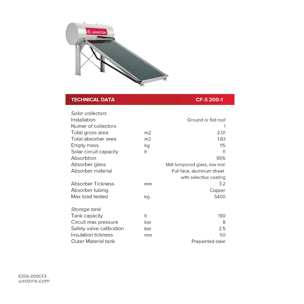 uzstore ARISTON  Thermosyphon Kairos Thermo CF-3 Water Heater, Solar System 200Ltr , CF-3_E 200-IT  3022514 E256-200CF3-08.webp