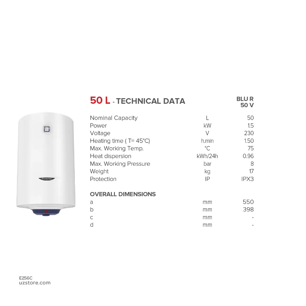 uzstore ARISTON Electric  Water Heater 50Ltr Vertical, Made in China, BLU R 50 V 3605199 E256C-04.webp