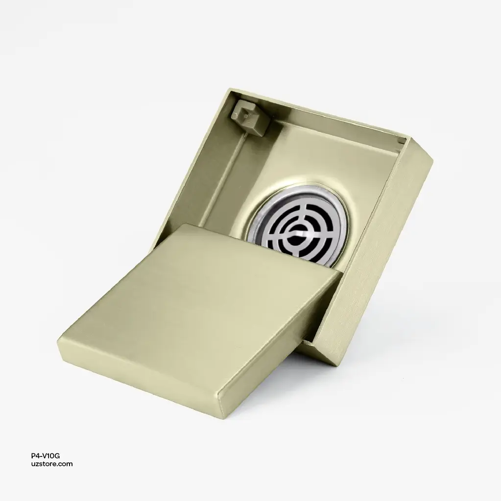 Uzstore Vlavu Floor Drain (SUS304) – Outlet 50mm (2 Inch), Drainage Accessory, 100×100mm, Brushed Gold  P4-V10G-06.webp