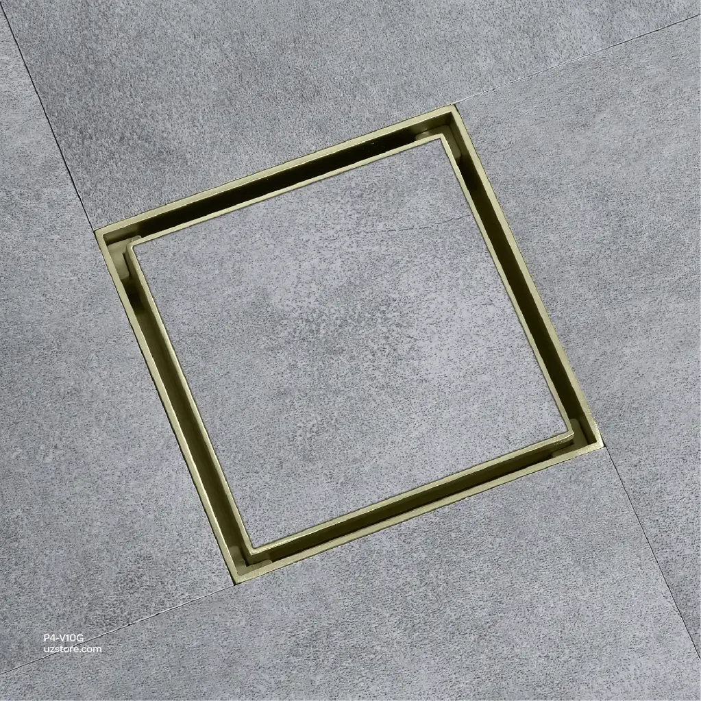 Uzstore Vlavu Floor Drain (SUS304) – Outlet 50mm (2 Inch), Drainage Accessory, 100×100mm, Brushed Gold  P4-V10G-04.webp