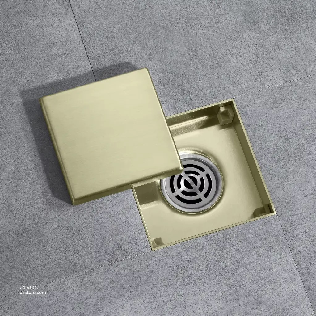 Uzstore Vlavu Floor Drain (SUS304) – Outlet 50mm (2 Inch), Drainage Accessory, 100×100mm, Brushed Gold  P4-V10G-03.webp