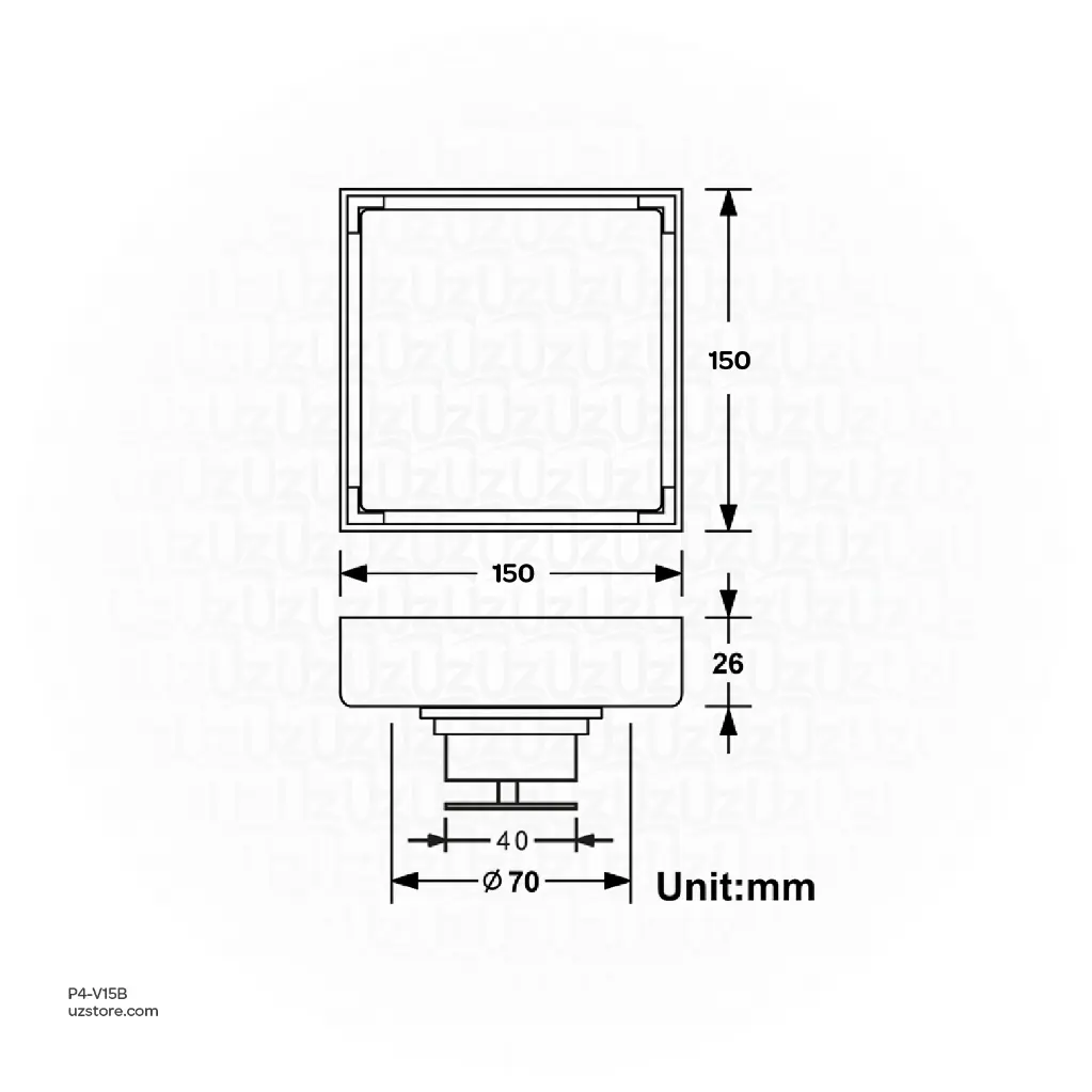 Uzstore Vlavu Floor Drain (SUS304) – Outlet 100mm (4), Drainage Accessory, 150×150mm, Matt Black P4-V15B-02.webp