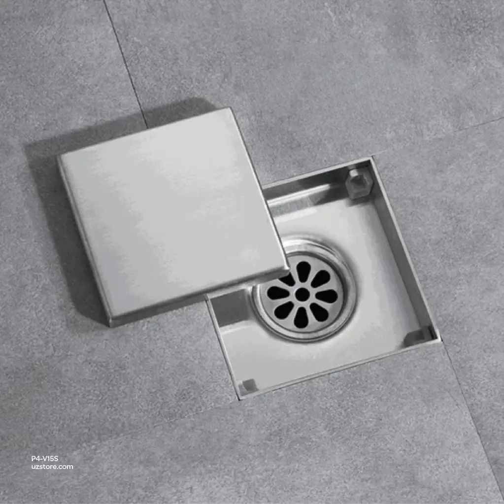 Uzstore Vlavu Floor Drain (SUS304) – Outlet 100mm (4 Inch), Drainage Accessory, 150×150mm, Brushed SS – 320TY1(15×15) P4-V15S-03.webp