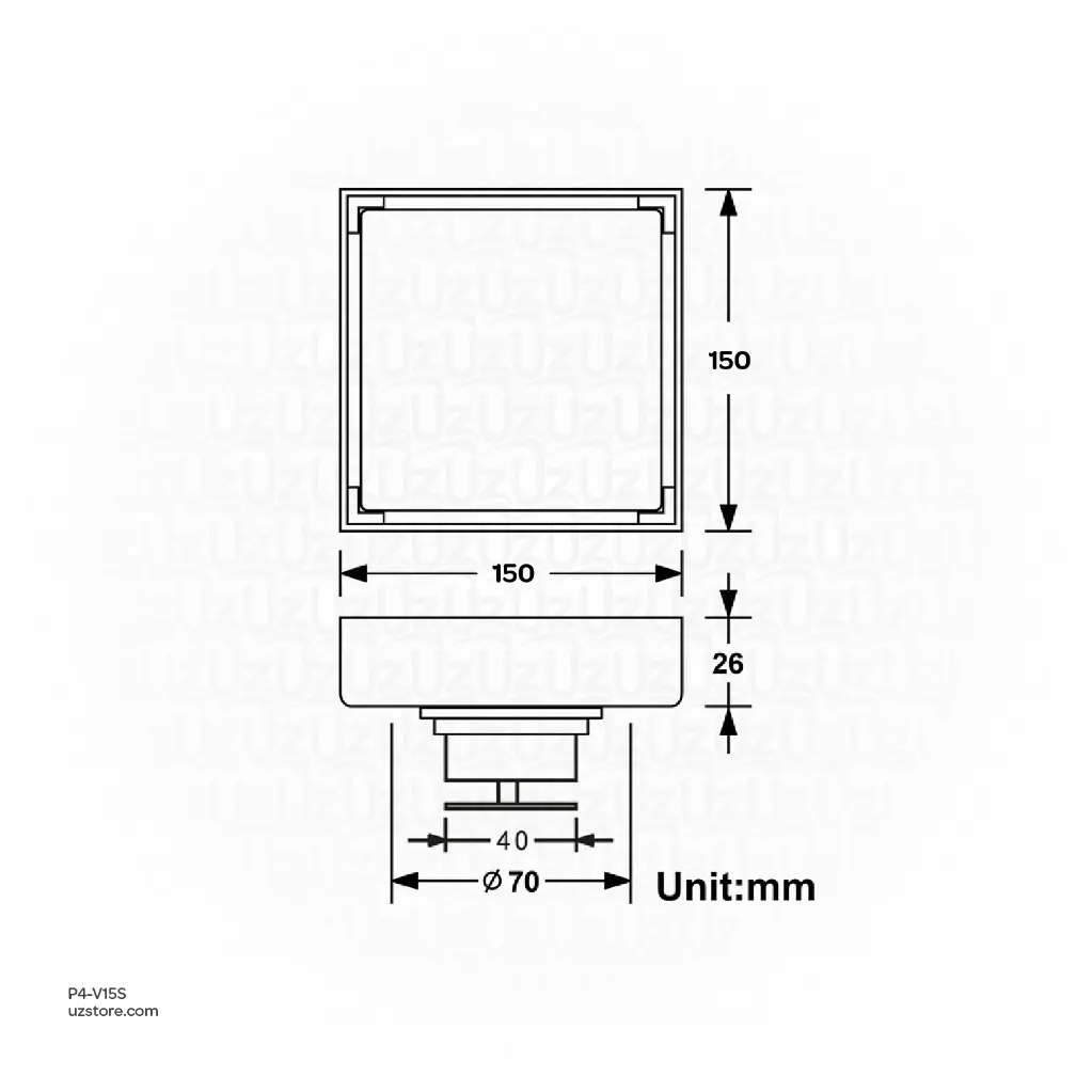 Uzstore Vlavu Floor Drain (SUS304) – Outlet 100mm (4 Inch), Drainage Accessory, 150×150mm, Brushed SS – 320TY1(15×15) P4-V15S-02-02.webp