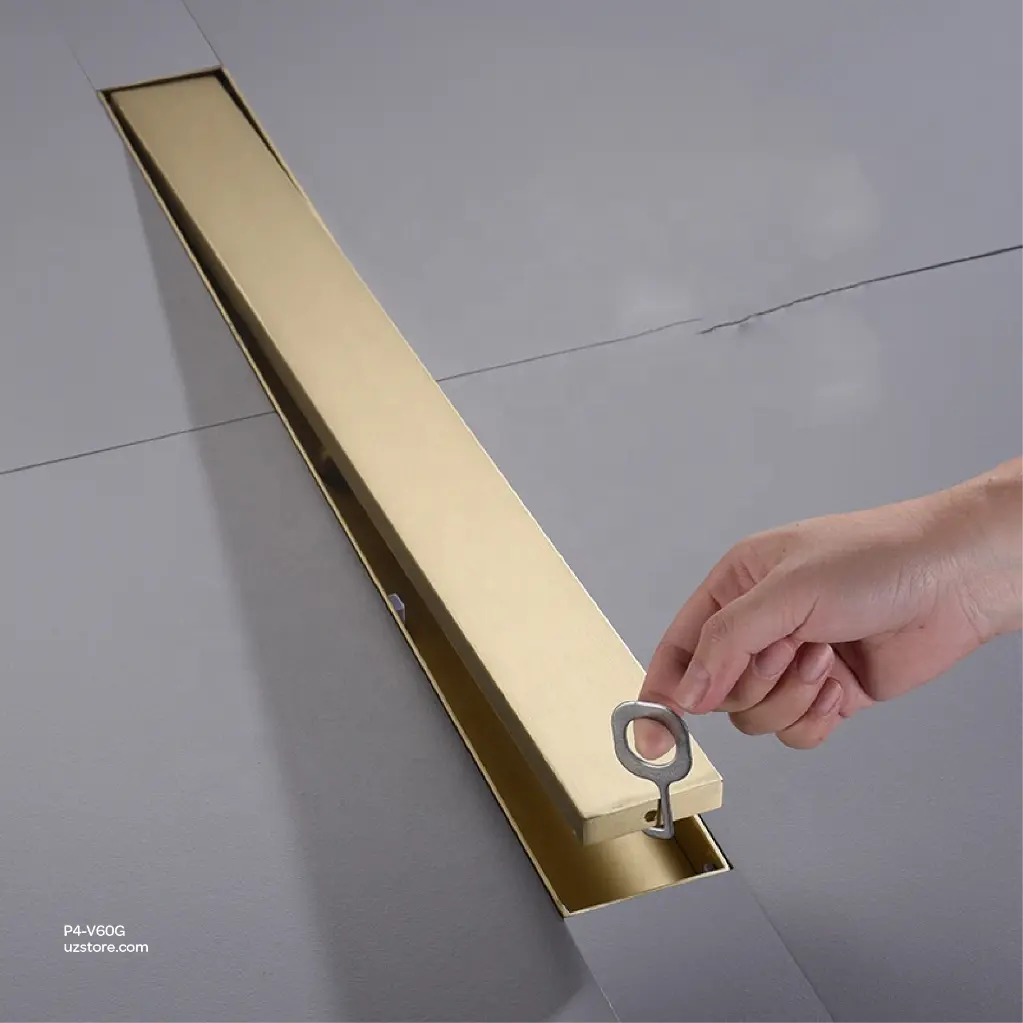 Uzstore Vlavu Linear Drainer (SUS304) – Outlet 50mm (2Inch ), Drainage Accessory, 55×600mm, Brushed Gold P4-V60G-03.webp