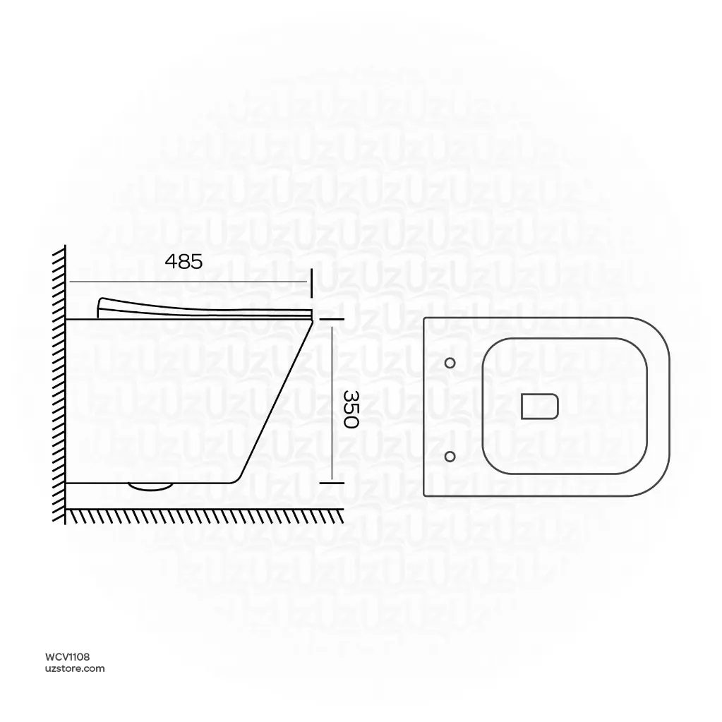 Uzstore Vlavu Wall-Hung WC – P-trap 180mm, UF Cover & Seat, 485×350×340mm, Glossy White – CB.16.0102 WCV1108-02.webp