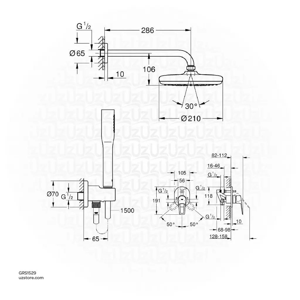 Uzstore GROHE Concealed SHower  Bundle 529 ( Concealed body set  BauLoop 2way+ Head Shower set + Stick HandShower )    GRS1529-02.webp