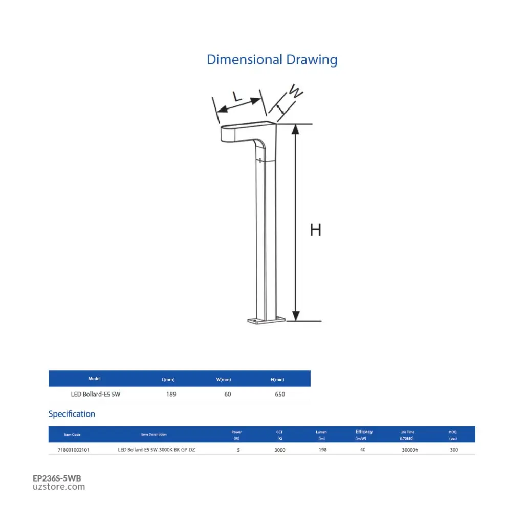 Uzstore OPPLE LED Bollard Light E5-5W 3000K BK Black  H 650 MM Warm White 718001002101 EP236S-5WB-02.webp