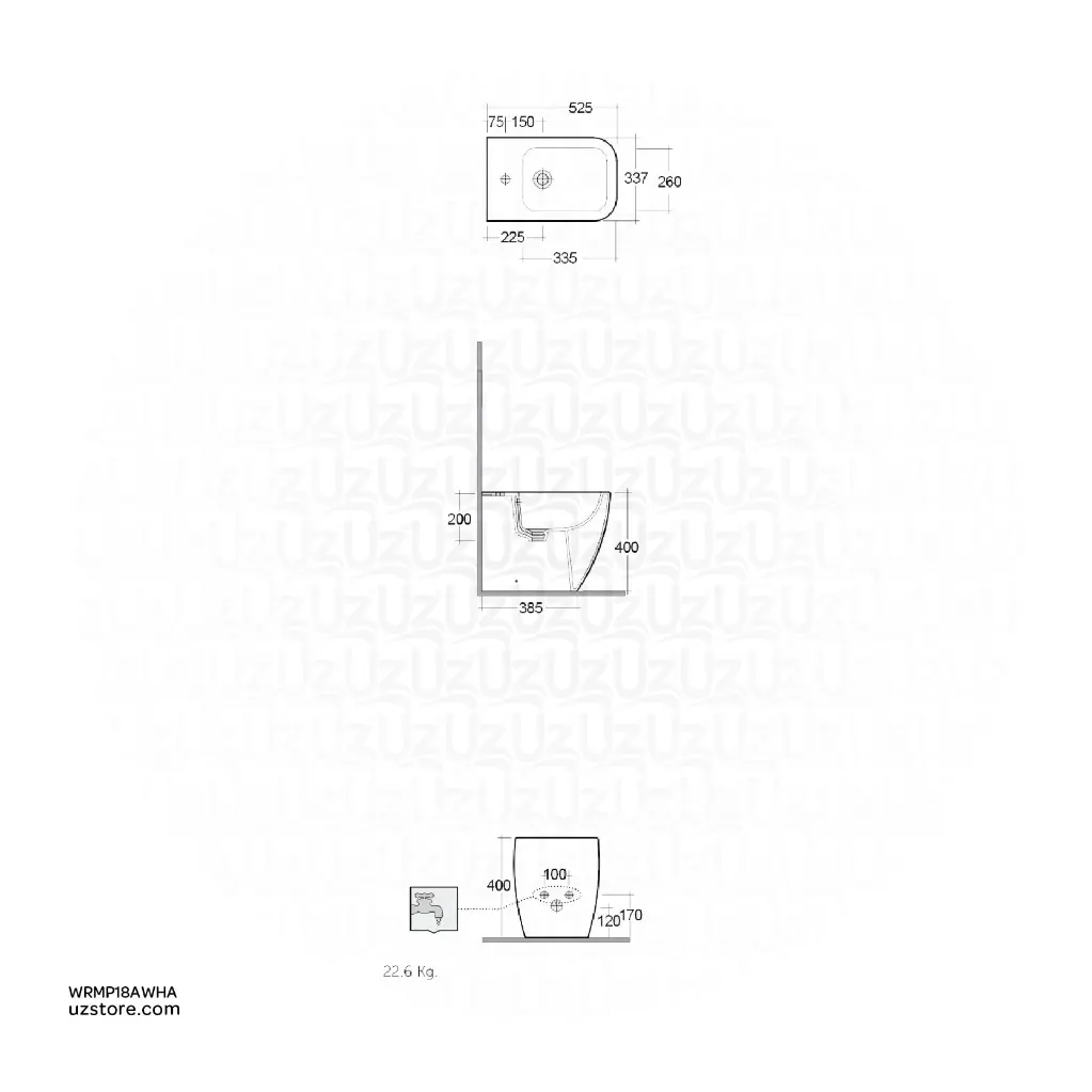 Uzstore  RAK Ceramic Metropolitan Back to Wall Bidet (W O C.H) (52 CM) MP18AWHA WRMP18AWHA-02.webp
