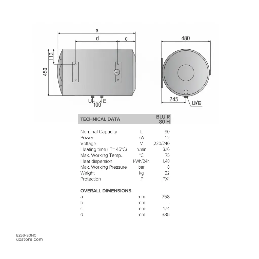 Uzstore ARISTON Electric Water Heater 80Ltr Horizontal , 1.2kW , 220-240V, Made in China , BLU R 80 H 3605203  E256-80HC-02.webp