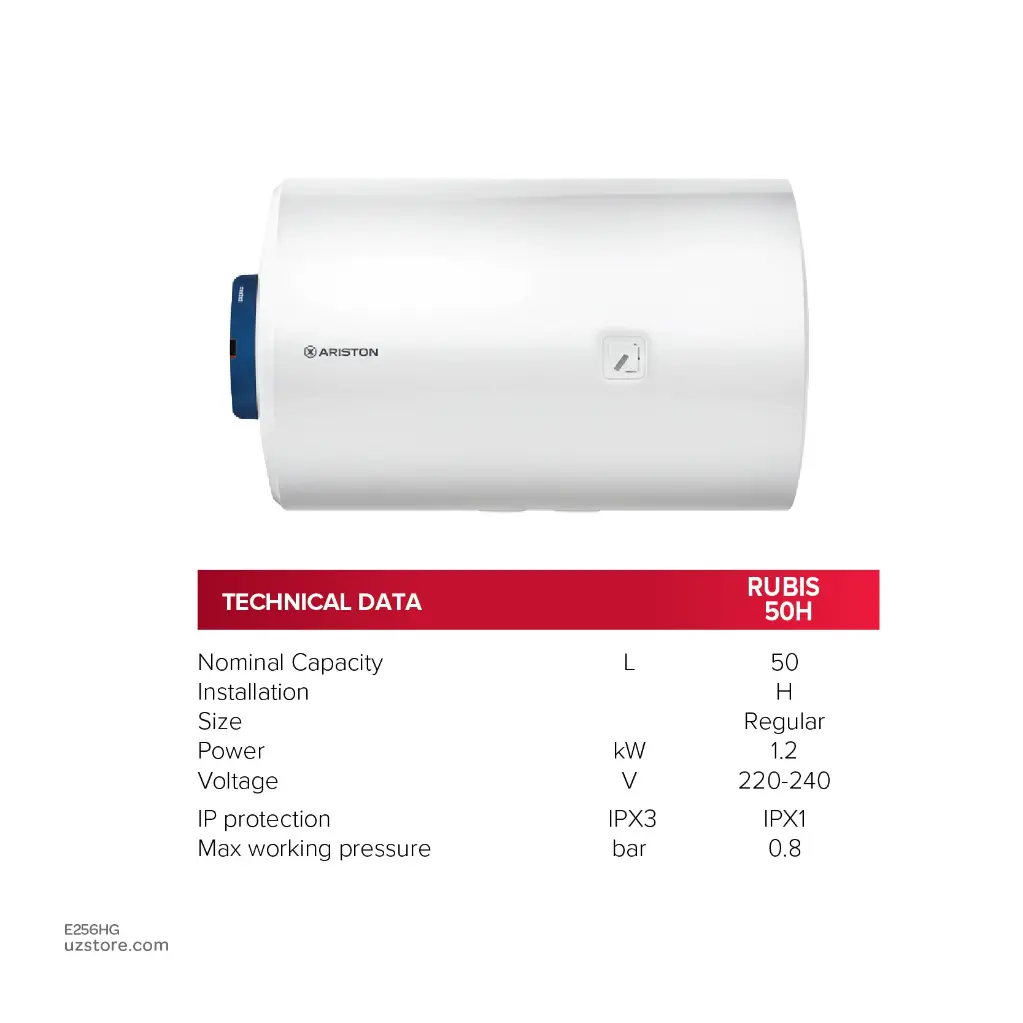 Uzstore ARISTON Electric Water Heater 50Ltr Horizontal , 1.2kW , 220-240V, Made in EGYPT  E256HG-03.webp