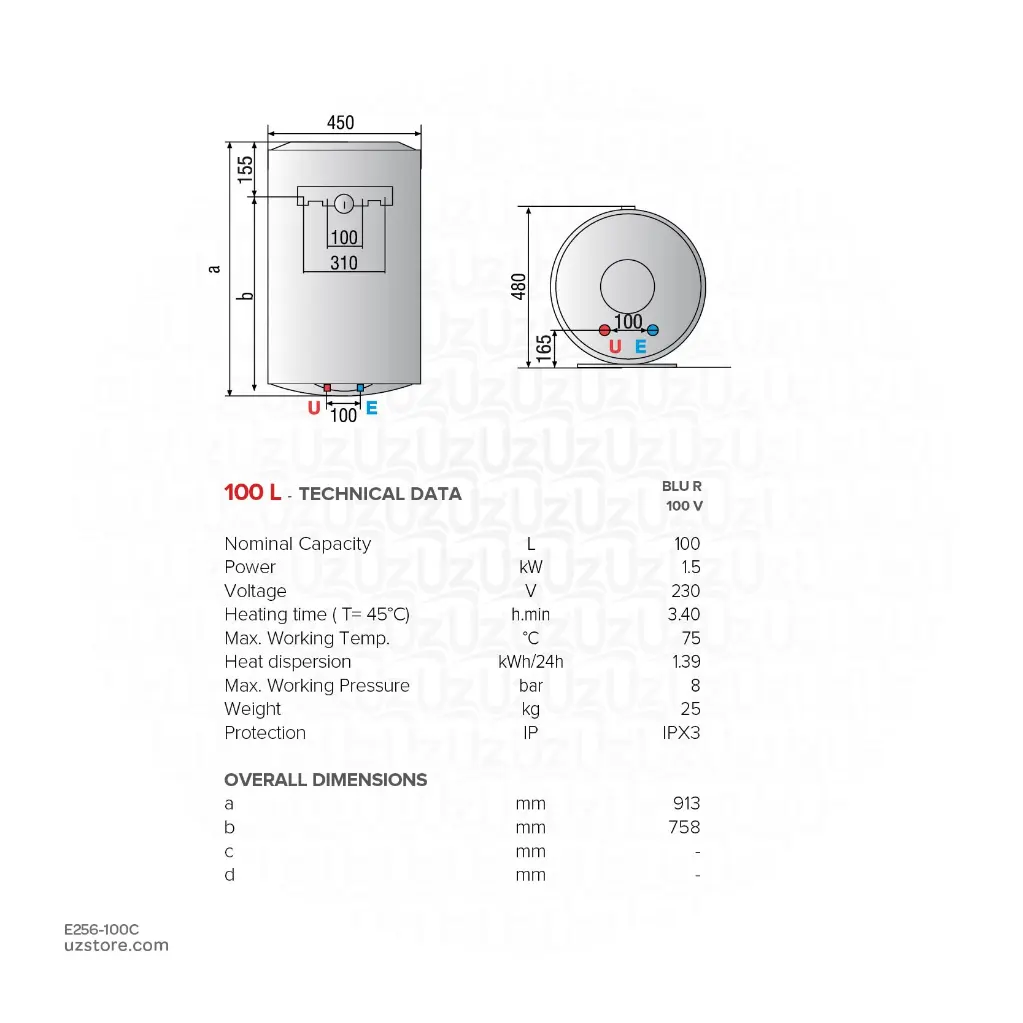 Uzstore ARISTON Electric  Water Heater 100Ltr Vertical  , Made in China , BLU R 100 V 3605201  E256-100C-02.webp