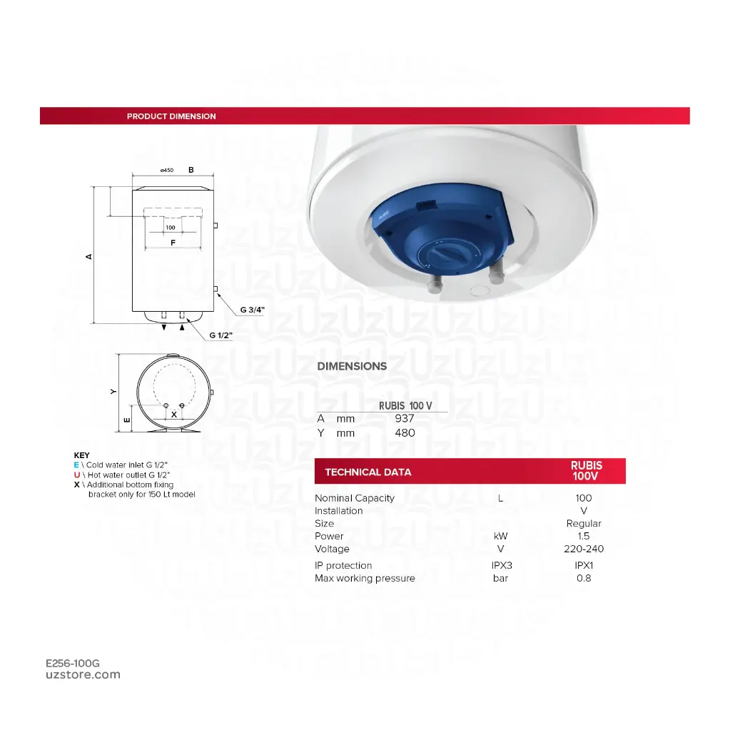 Uzstore  ARISTON Electric  Water Heater 100Ltr Vertical  , Made in EGYPT, RUBIS 100 V E256-100G-02.webp