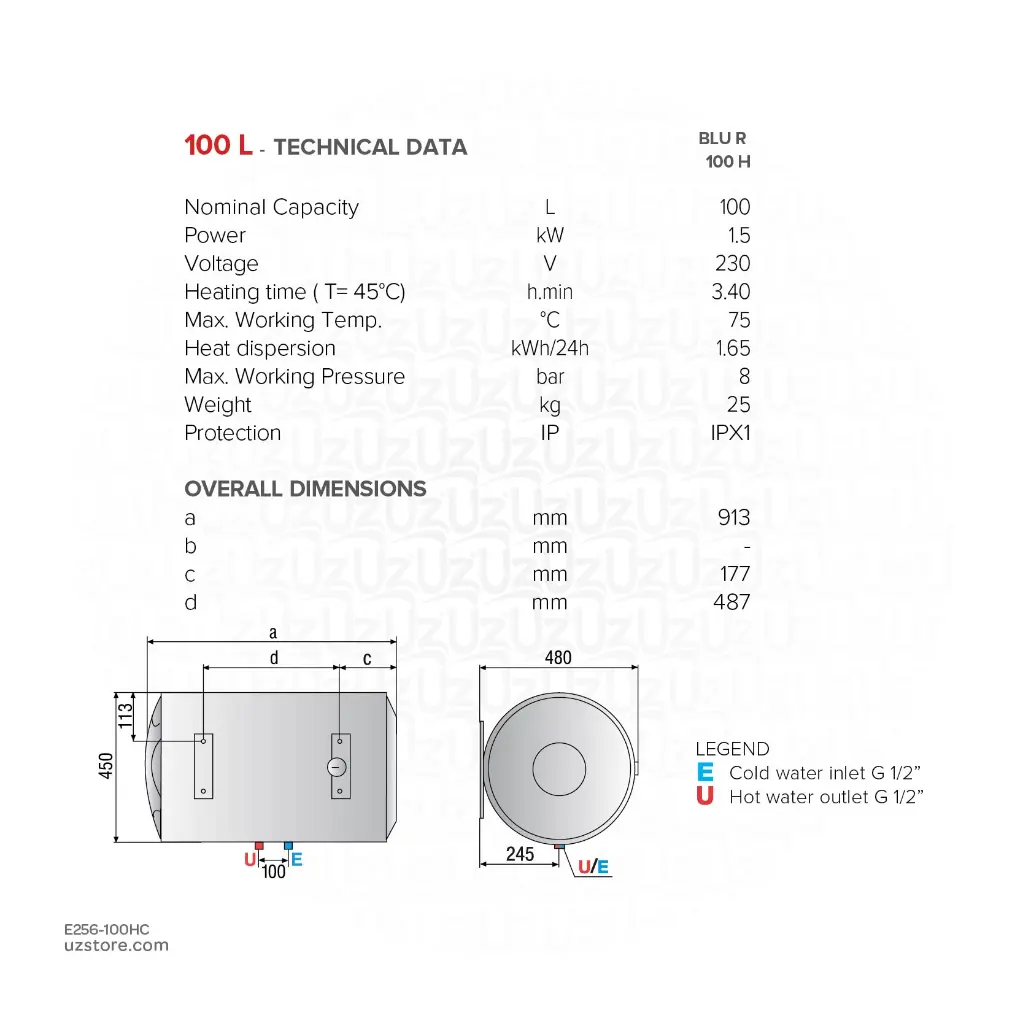 Uzstore ARISTON Electric Water Heater 100Ltr Horizontal , 1.2kW , 220-240V, Made in China , BLU R 100 H 3605204  E256-100HC-02.webp