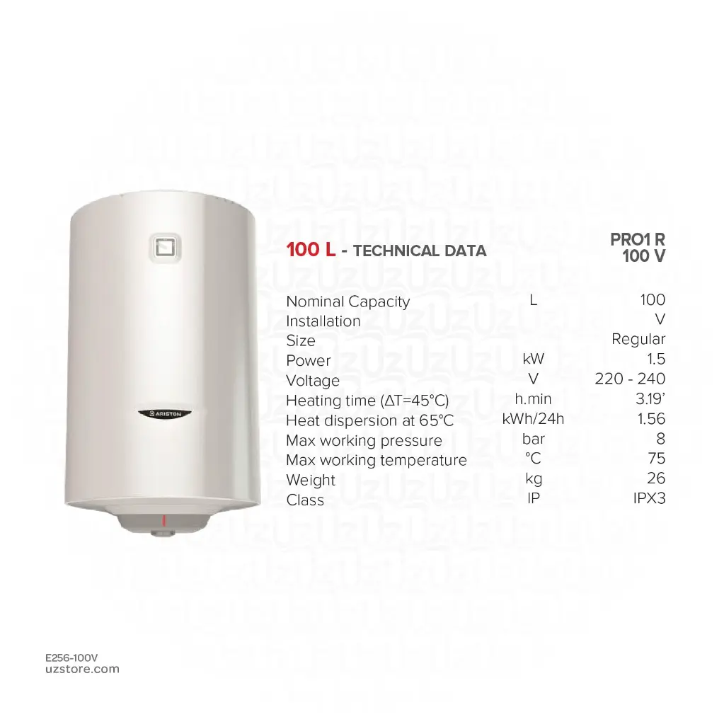 Uzstore ARISTON Electrical  Water Heater 100Ltr Vertical, 1.5kW, 220-240V, IPX3, PRO1 R 100 V 3201828 E256-100V-02.webp