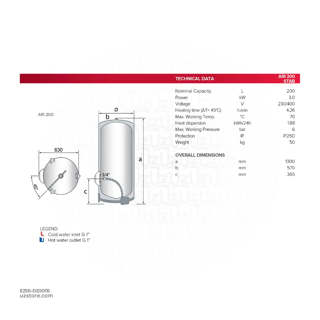 Uzstore  ARISTON Water Heater Floor Mounted ARI 200Ltr, Top Double Element 3060340 E256-D200FB-02.webp
