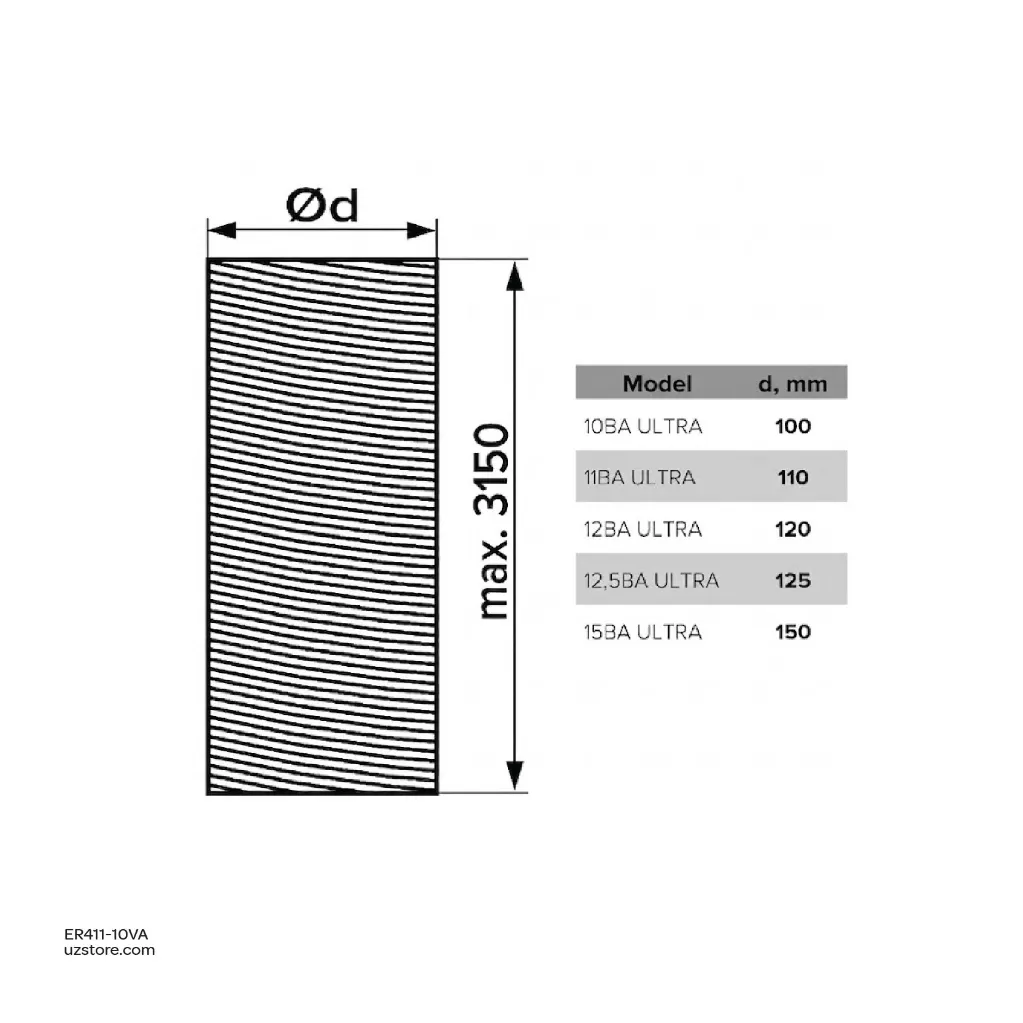 Uzstore Aluminium flexible goffered air duct L up to 3.15 Mtr D100mm ERA 10VA Ultra 3 Mtr Made in Russia  ER411-10VA-02.webp