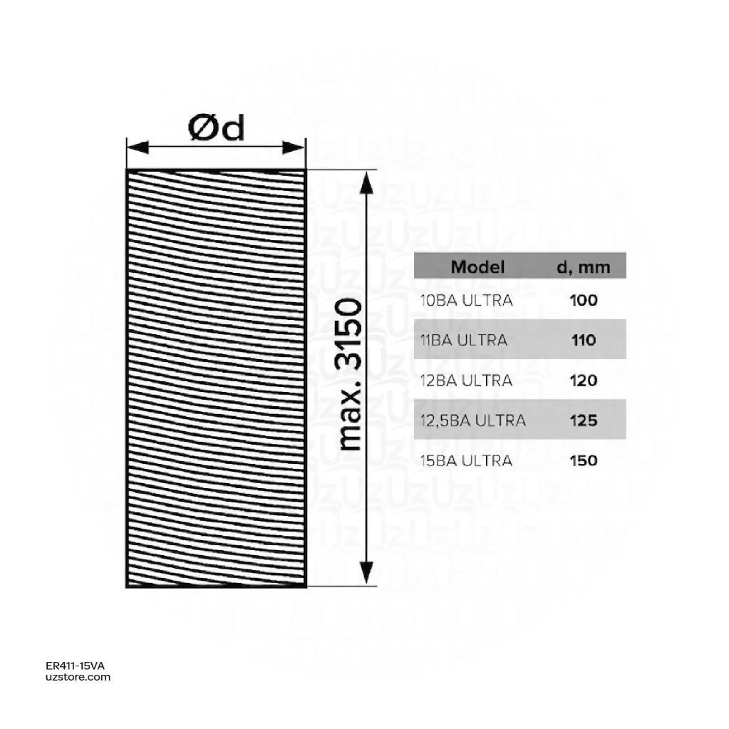 Uzstore Aluminium flexible goffered air duct L up to 3.15 Mtr D150mm ERA 15VA Ultra 3 Mtr Made in Russia  ER411-15VA-02.webp