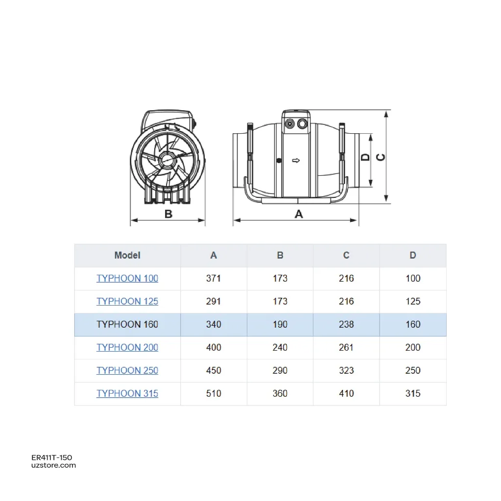 Uzstore In line mixerd flow Axial duct fan ERA TYPHOON 150 160 2SP 6 Inch Made in Russia  ER411T-150-05.webp