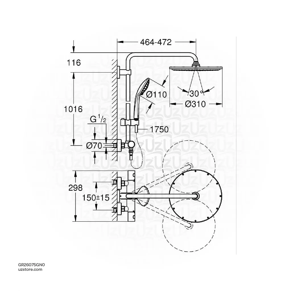 Uzstore Euphoria System 310 Shower system with safety mixer for wall mounting GR26075GN0-02.webp