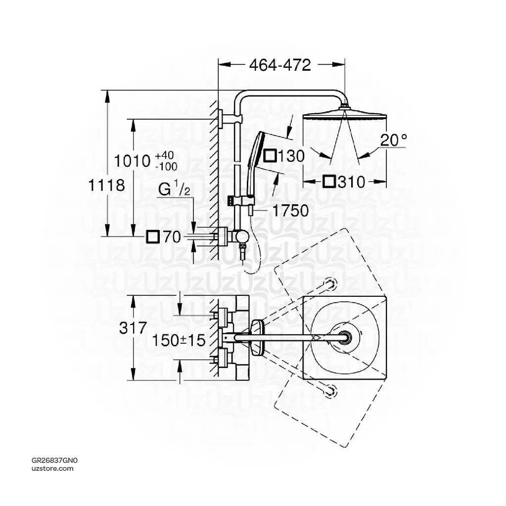 Uzstore Rainshower SmartActive 310 Cube Shower system with Safety Mixer for wall mounting GR26837GN0-02.webp