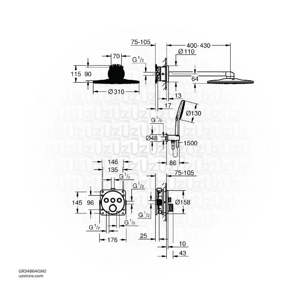 Uzstore  GROHE Grohtherm SmartControl Concealed shower system with Rainshower SmartActive 310 Cube , 34864GN0 , brushed cool sunrise GR34864GN0-02.webp