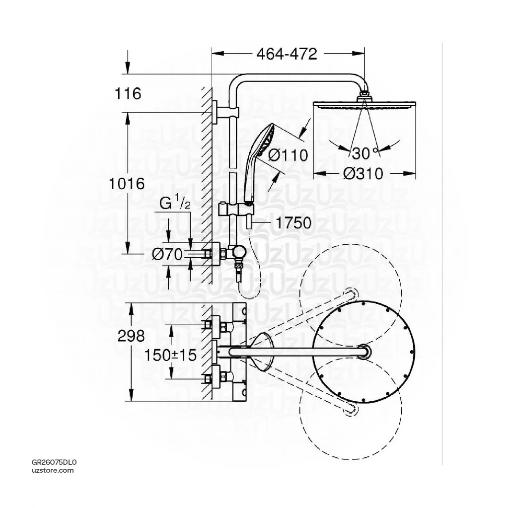 Uzstore GROHE Euphoria System 310 Shower system with safety mixer for wall mounting , 26075DL0 , brushed warm sunset GR26075DL0-02.webp
