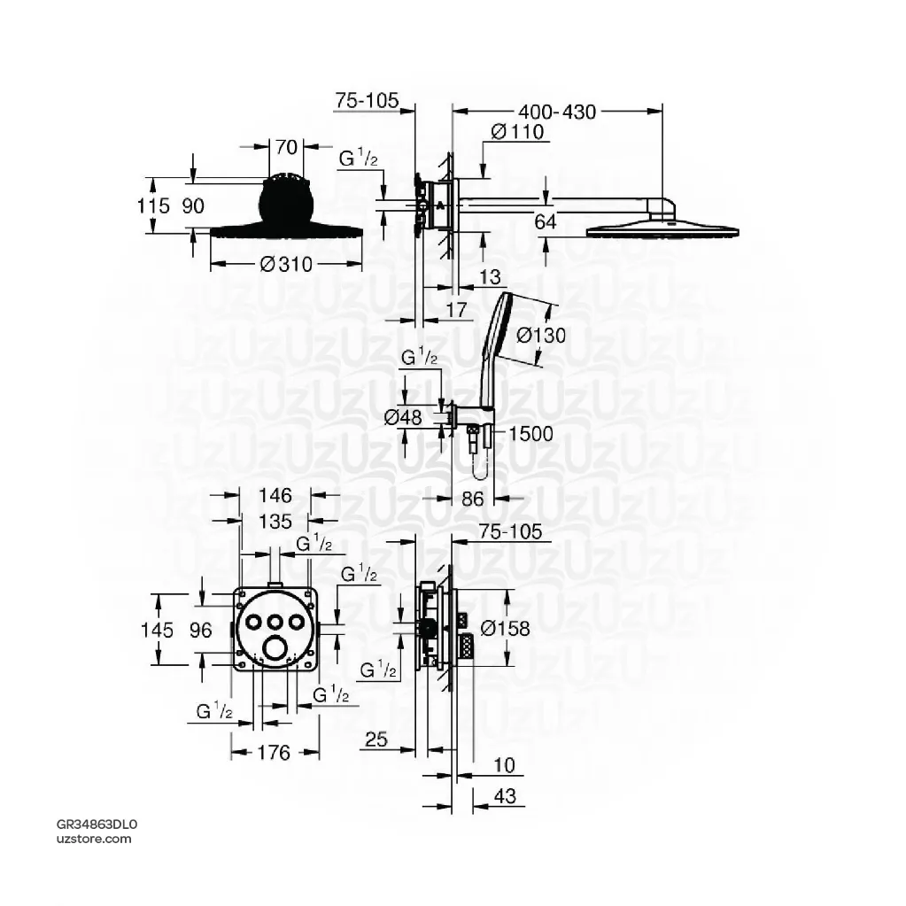 Uzstore GROHE Grohtherm SmartControl Concealed shower system with Rainshower SmartActive 310 , 34863DL0 , brushed warm sunset GR34863DL0-02.webp