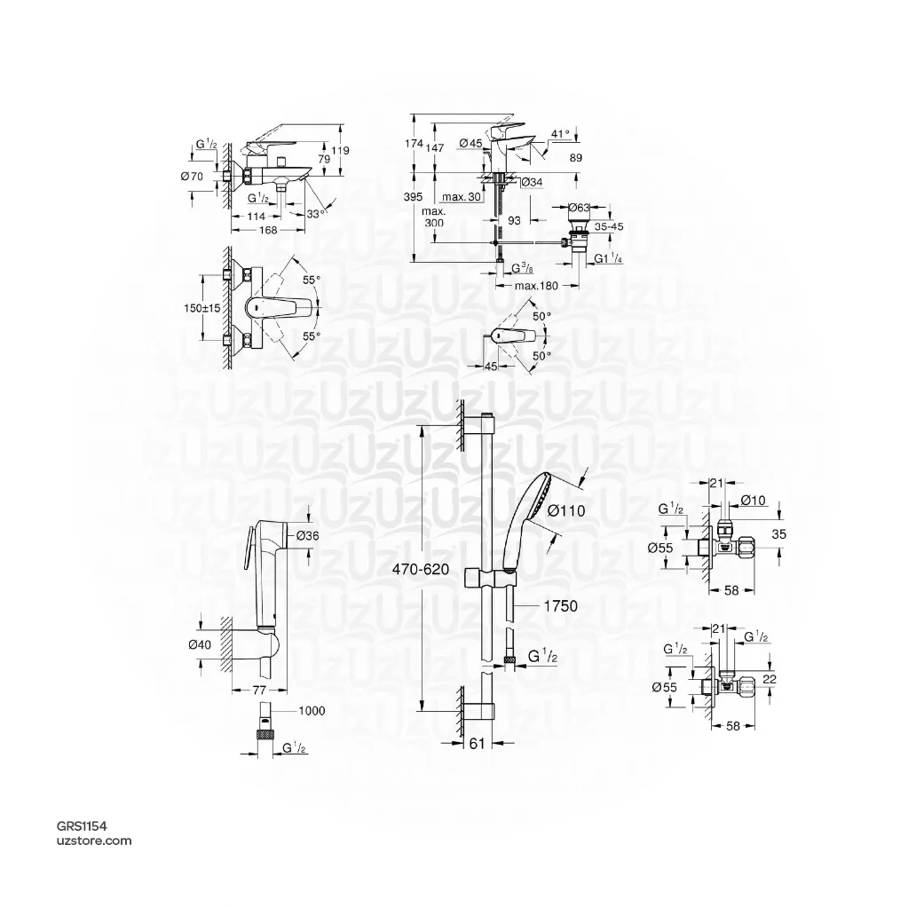 Uzstore   Grohe Bundle 154 (BauEdge Basin Mixer + BauEdge Shower Mixer +  Shower Kit+ 3 Angle Valves +Chrome Shattaf ) GRS1154-01-05.webp