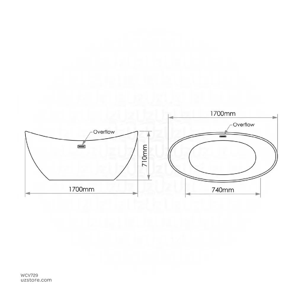 Uzstore Banyu (Oval) CX.12.007200 Free Stand 1700x740x710mm Acrylic bathtub  730x1720 WCV729-02.webp