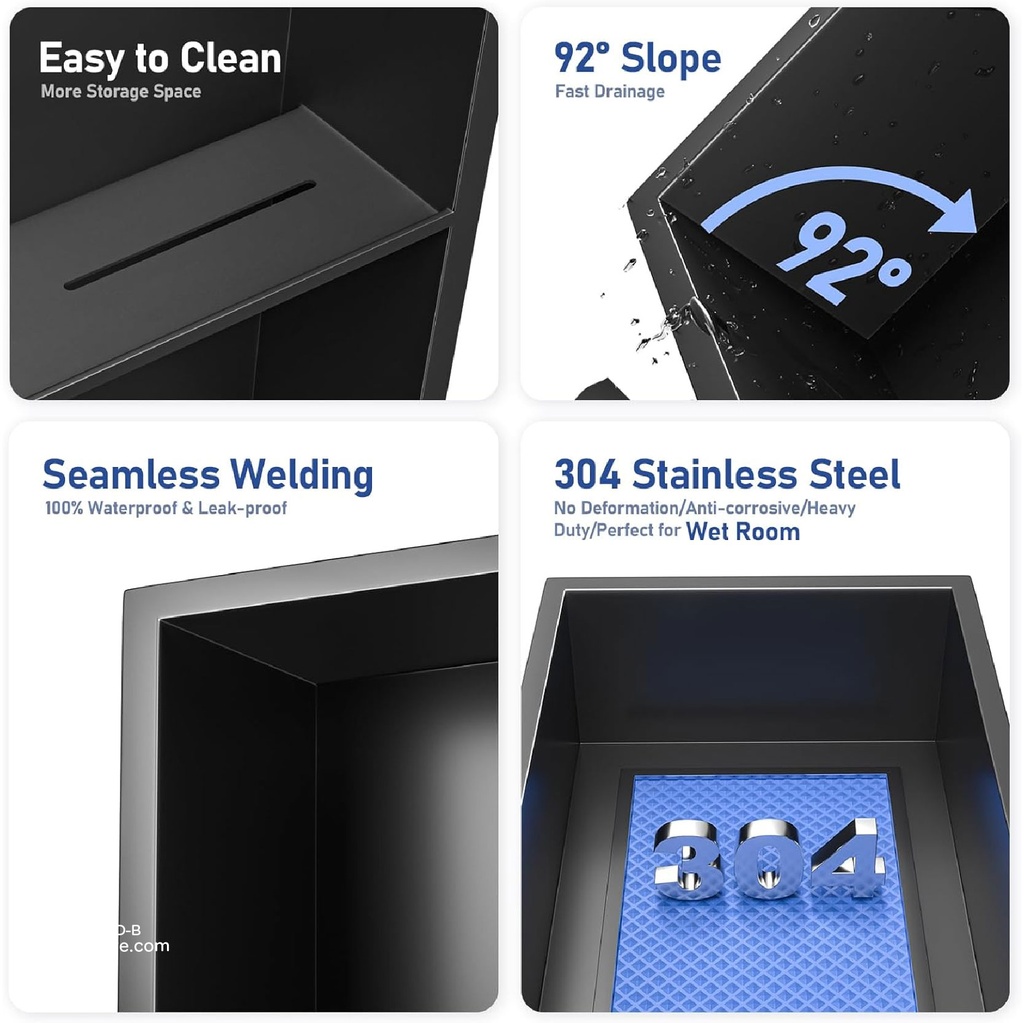 Matte Black Stainless steel Double Niche wall with light  , B2023B-LED-L