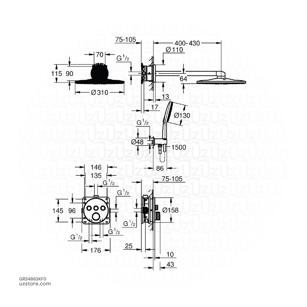 GROHE Grohtherm SmartControl Concealed shower system with Rainshower SmartActive 310 , 34863KF0 , phantom black
