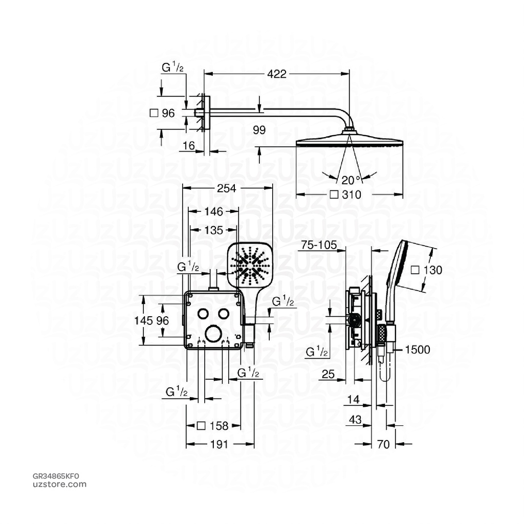 GROHE Grohtherm SmartControl Concealed shower system with Rainshower Mono 310 Cube , 34865KF0 , phantom black