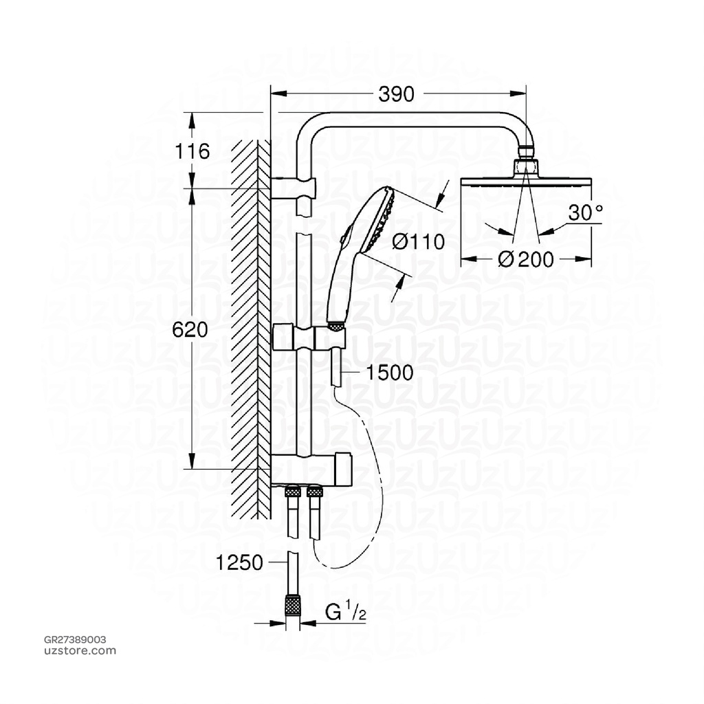GROHE Tempesta System 200 Shower system with diverter for wall mounting , 27389003 , chrome