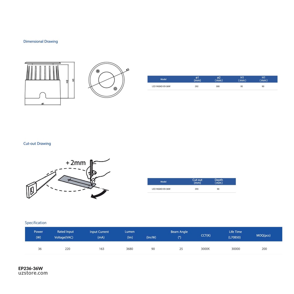OPPLE LED Inground Light E II 36W-3000K-25D-HV-GP , Warm White 704000011810