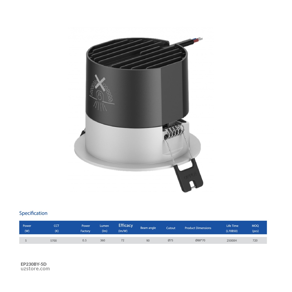 OPPLE LED Down light Rc-BY R75 5W-5700-BK , 5700K Day Light , 540001391800