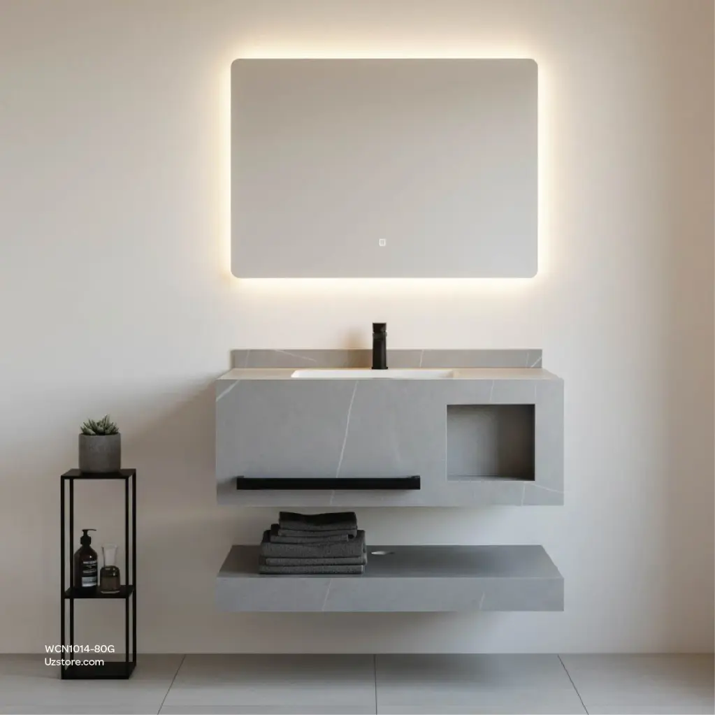 حوض غسيل سيراميك روك سليت، تشطيب لامع، طبقتين / مرآة LED، بلون رمادي، حجم الخزانة 80