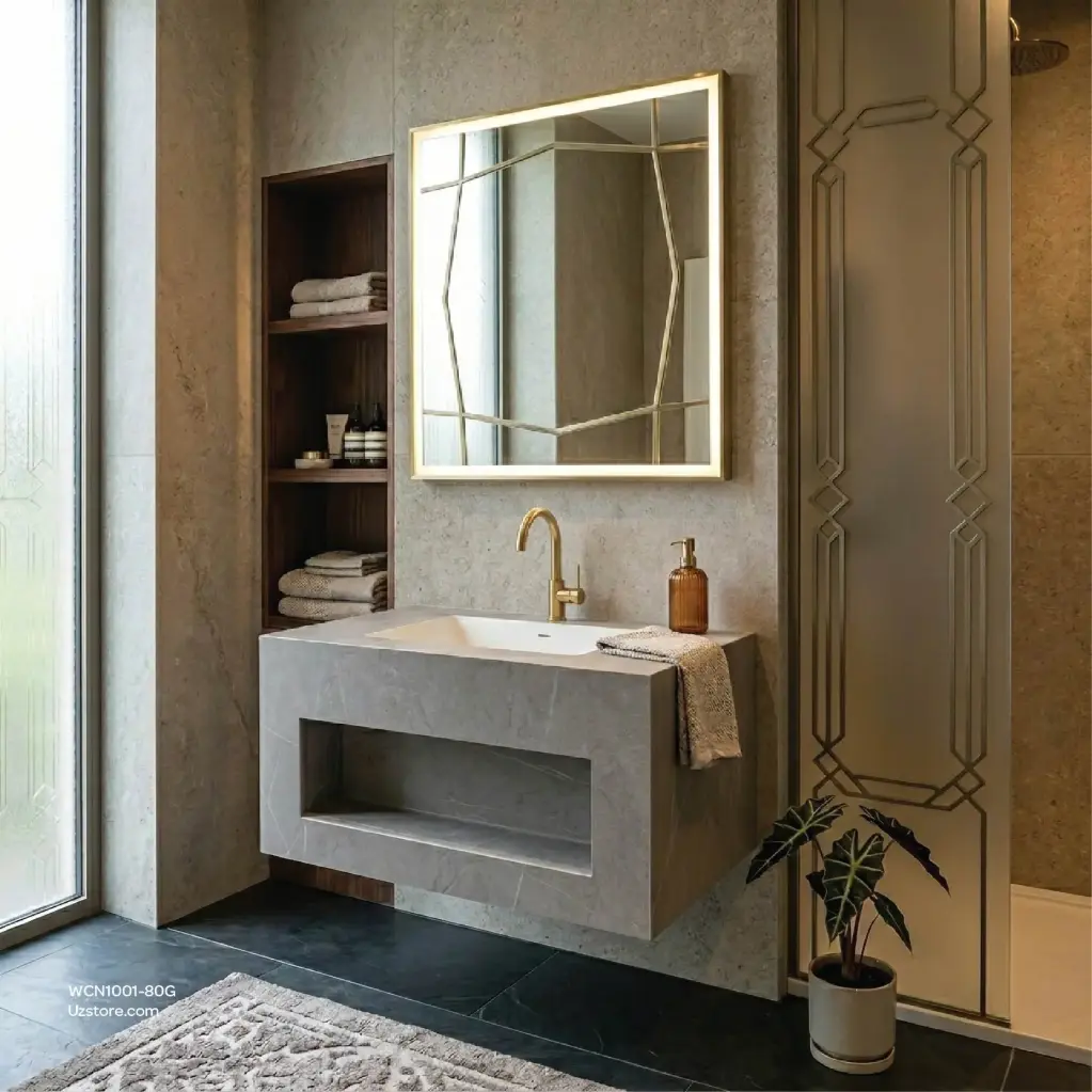 Ceramic Wash Basin Rock Slate Glossy Finishing without lighting/LED mirror, Grey Color , Cabinet Size 800*500*400, Mirror Size 800*600, AP2005-80