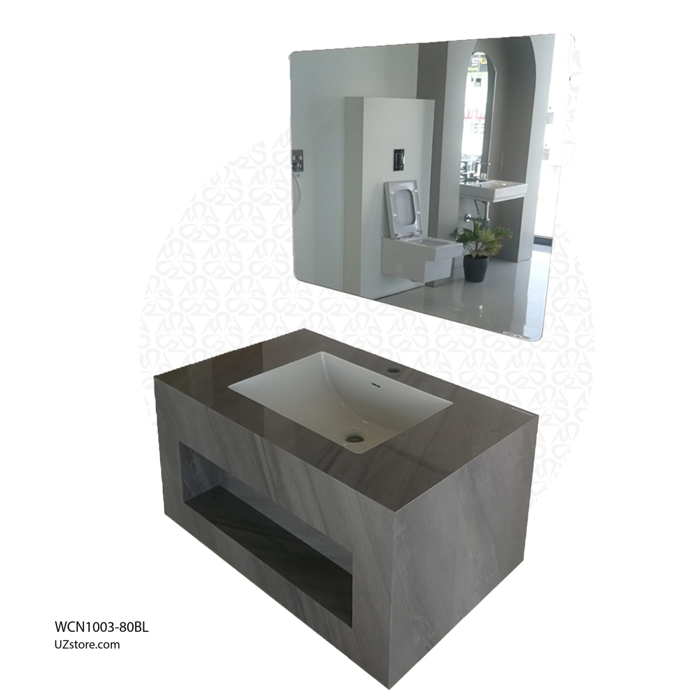 Ceramic Wash Basin Rock Slate Gloosy Finishing without lighting/LED mirror, Azure Breeze color, Cabinet Size 800*500*400, Mirror Size 800*600, AP2007-80