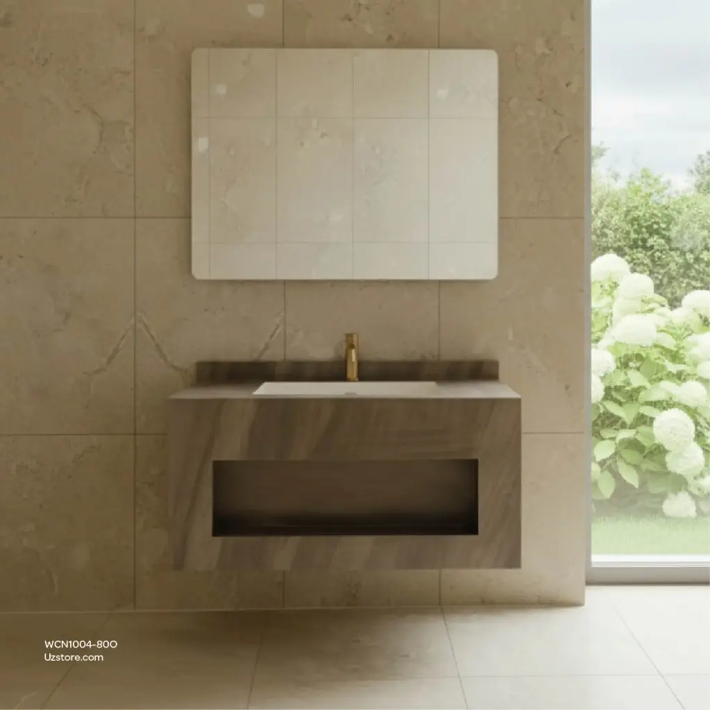 حوض غسيل سيراميك روك سليت، تشطيب لامع، بدون إضاءة / مرآة LED، بلون أوليف دراب، حجم الخزانة 800 * 500 * 400، حجم المرآة 800 * 600