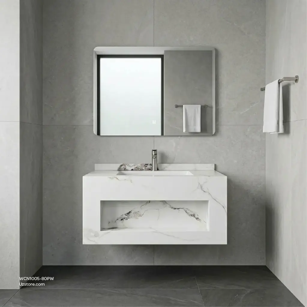 حوض غسيل سيراميك روك سليت، تشطيب لامع، بدون إضاءة / مرآة LED، بلون أبيض لؤلؤي، حجم الخزانة 800 * 500 * 400، حجم المرآة 800 * 600