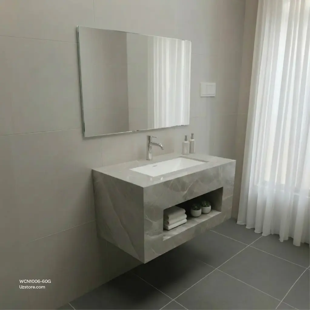 حوض غسيل سيراميك روك سليت، تشطيب لامع، بدون إضاءة / مرآة LED، بلون رمادي فاتح، حجم الخزانة 600 * 500 * 400، حجم المرآة 500 * 700