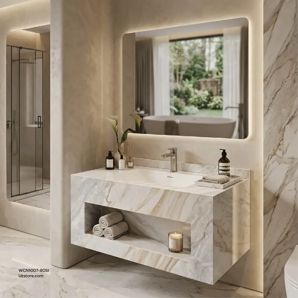 حوض غسيل سيراميك روك سليت، تشطيب لامع، بدون إضاءة / مرآة LED، بلون عاجي سماوي ناعم، حجم الخزانة 800 * 500 * 400، حجم المرآة 800 * 600