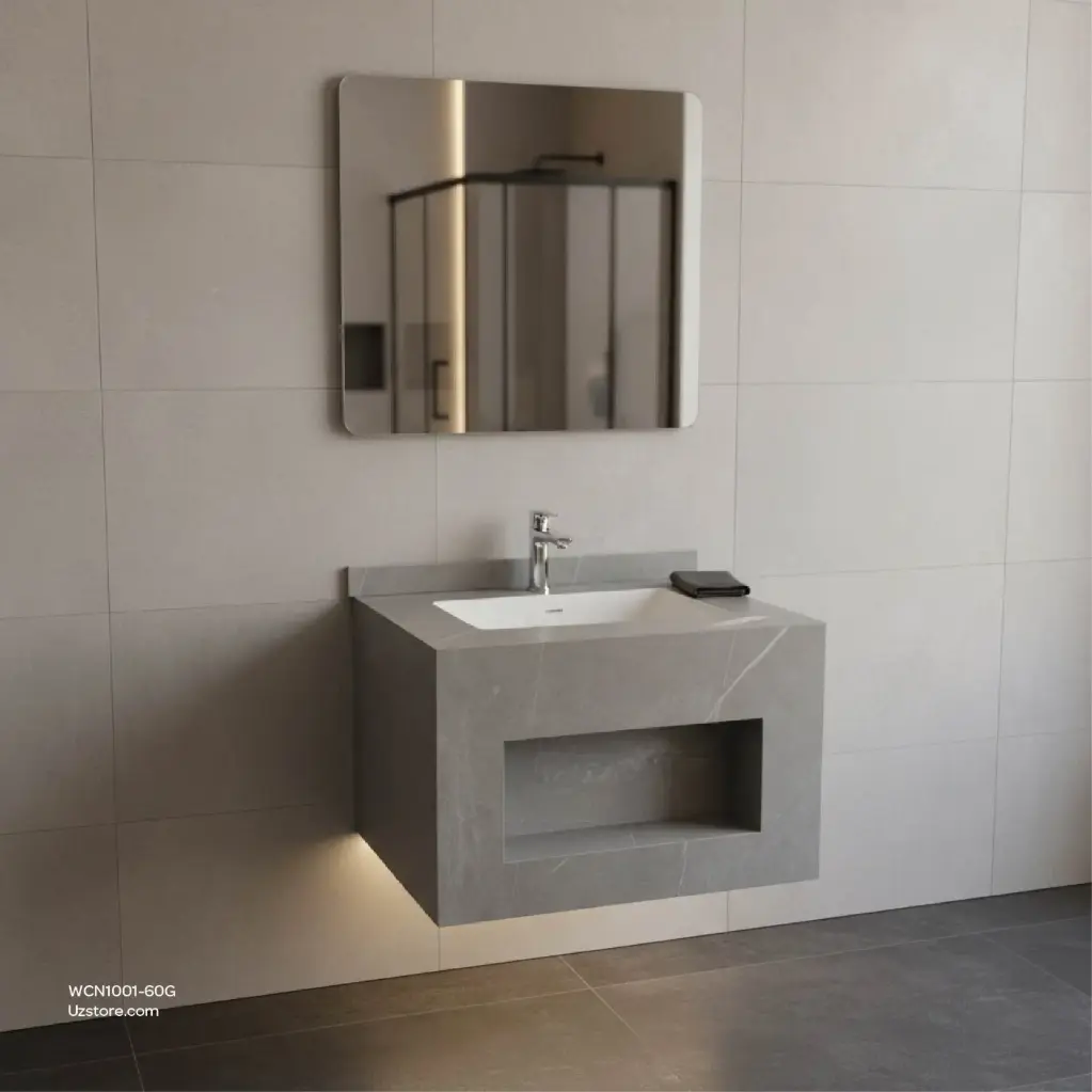 حوض غسيل سيراميك روك سليت، تشطيب لامع، بدون إضاءة / مرآة LED، رمادي، حجم الخزانة 600 * 500 * 400، حجم المرآة 500 * 700