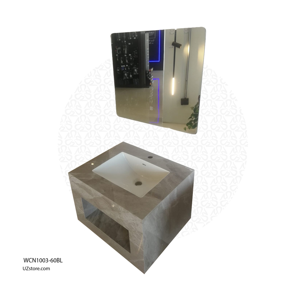 Ceramic Wash Basin Rock Slate Glossy Finishing without lighting/LED mirror, Azure Breeze color, Cabinet Size 600*500*400, Mirror Size 500*600, AP2007-60