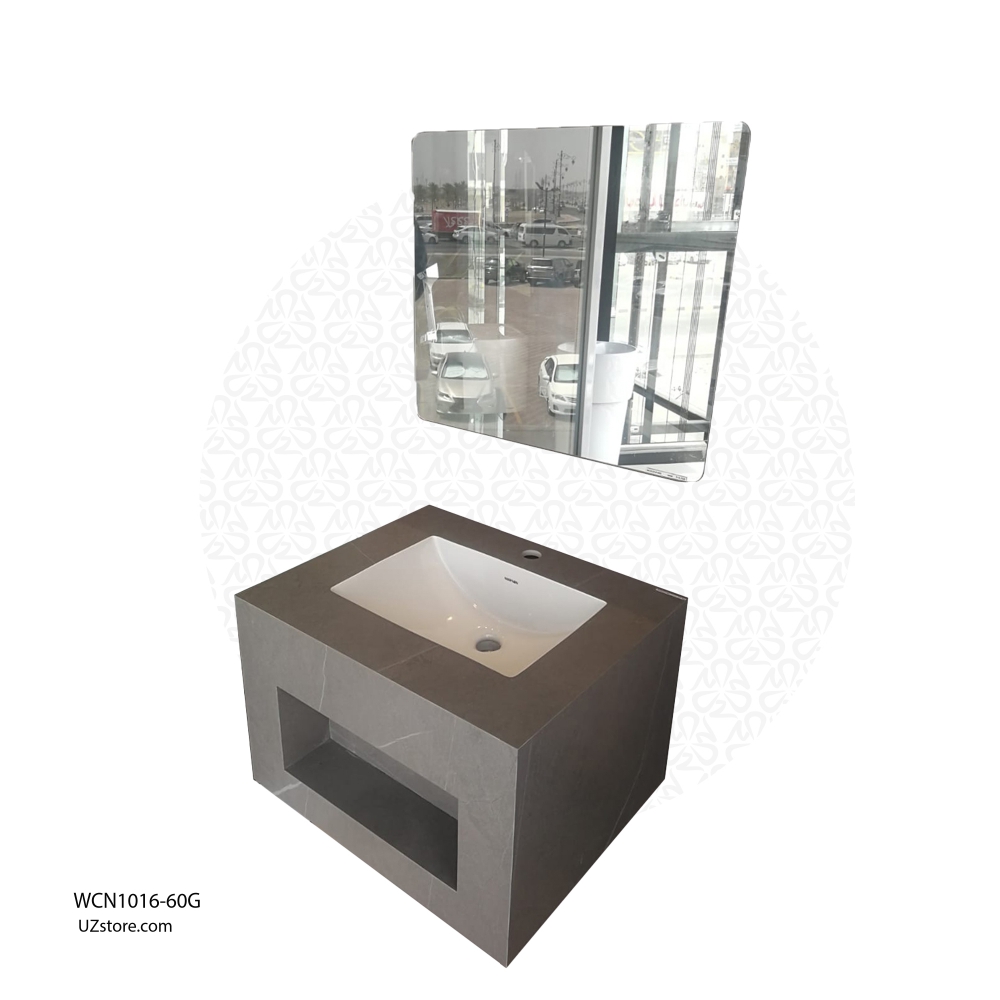 حوض غسيل سيراميك روك سليت، تشطيب لامع، مرآة LED،
 باللون الرمادي، حجم الخزانة 60، حجم المرآة 50 * 60