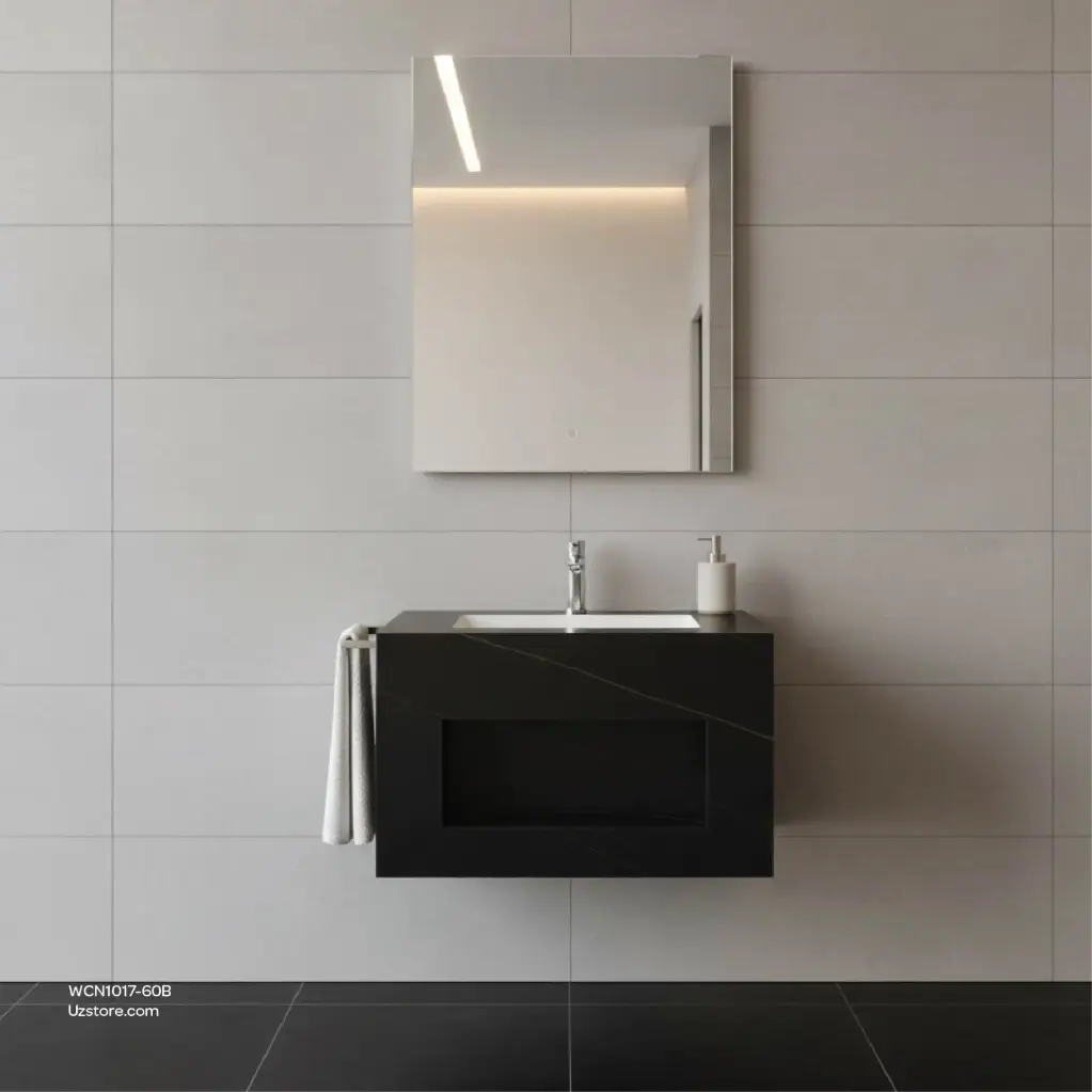 حوض غسيل سيراميك روك سليت، تشطيب لامع، مرآة LED،
 باللون الأسود، حجم الخزانة 60، حجم المرآة 50 * 60