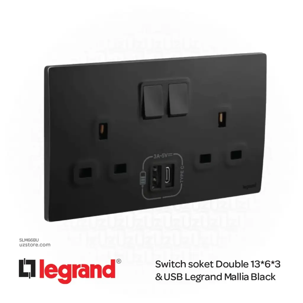 Switch soket Double 13*6*3  with USB Legrand Mallia Black 
