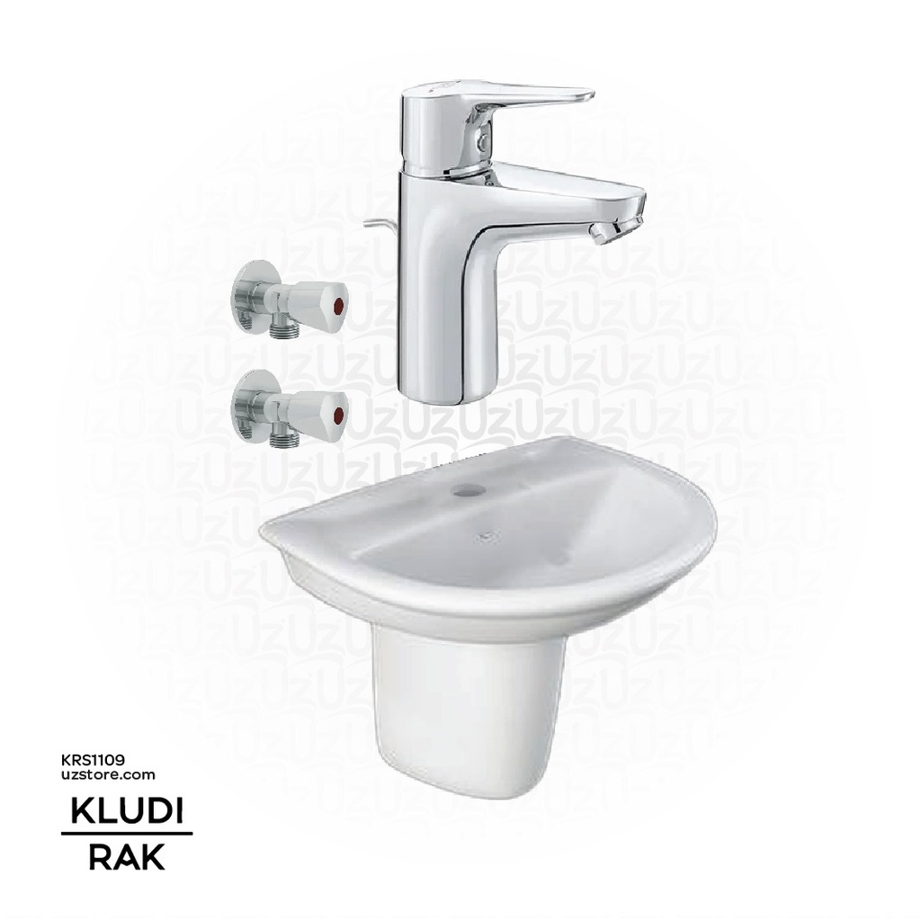 RAK Ceramic Washbasin Bundle 109 ( Wash Basin With Half Pedestal 55CM +KLUDI RAK Polaris Star Basin Mixer +   2 KLUDI RAK Brass Angle Valves)